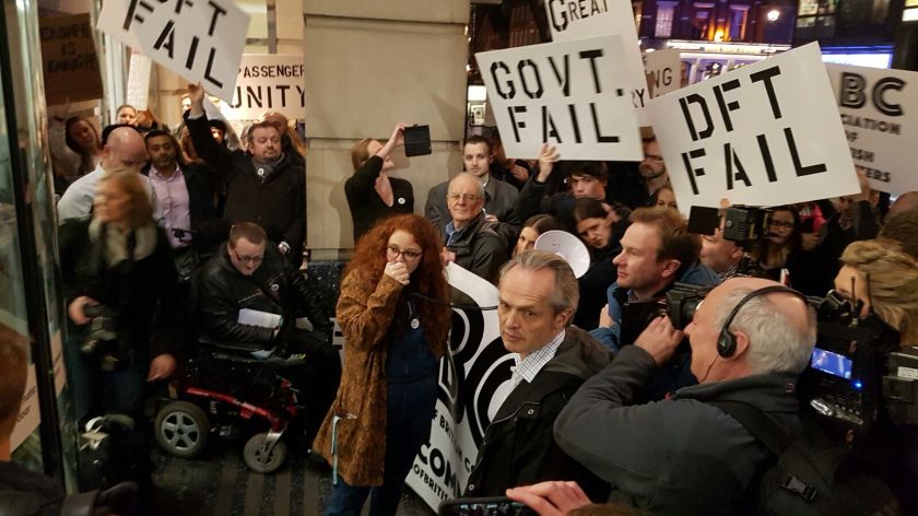 Association of British Commuters protest at the Department for Transport.