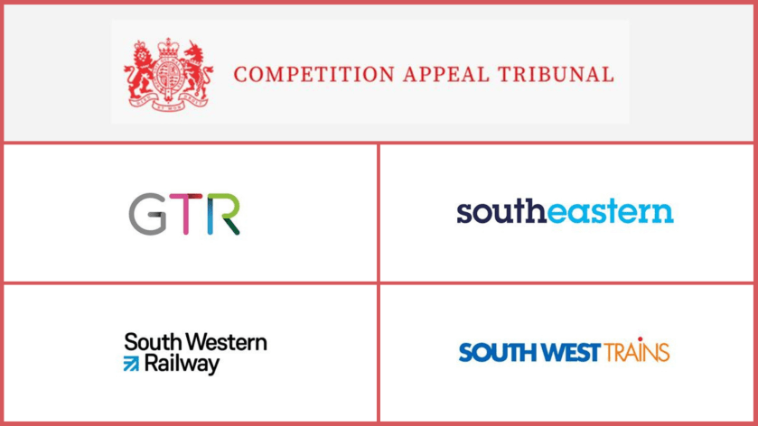Graphic displaying the logos of the Competition Appeal Tribunal, Govia Thameslink Railway, Southeastern, South Western Railway and South West Trains