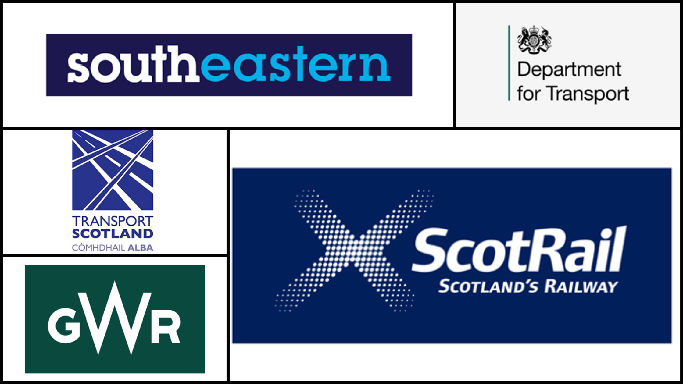 Graphic showing the logos of Southeastern, Great Western Railway, Scotrail, UK Department for Transport and Transport Scotland