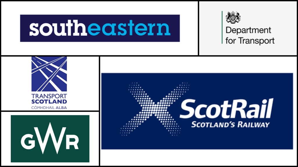 Graphic showing the logos of Southeastern, Great Western Railway, Scotrail, UK Department for Transport and Transport Scotland
