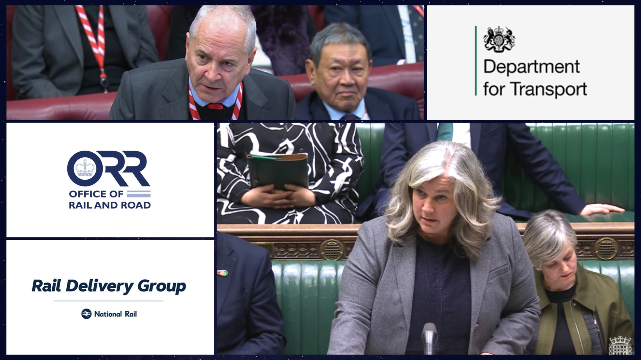 Collage of images: Transport Minister, Rail Minister, and the logos of the Office of Rail and Road, Department for Transport, and Rail Delivery Group