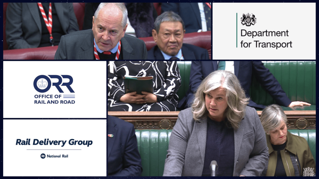 Collage of images: Transport Minister, Rail Minister, and the logos of the Office of Rail and Road, Department for Transport, and Rail Delivery Group