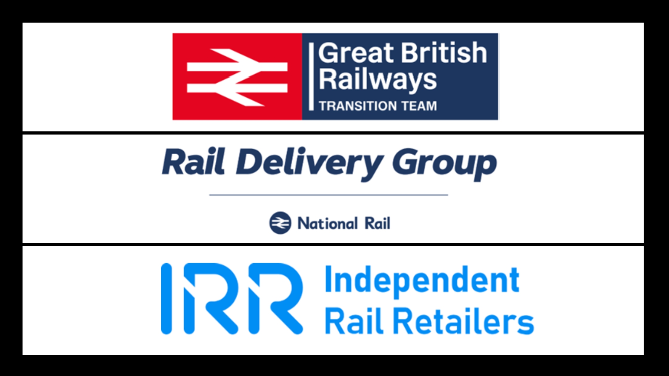 A graphic with three logos arranged vertically. From the top: Great British Railways Transition Team, Rail Delivery Group, Independent Rail Retailers