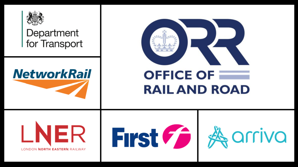 A set of six logo graphics. Largest and most central logo is the Office of Rail and Road (ORR). Other logos are Department for Transport, Network Rail, LNER, First and Arriva.