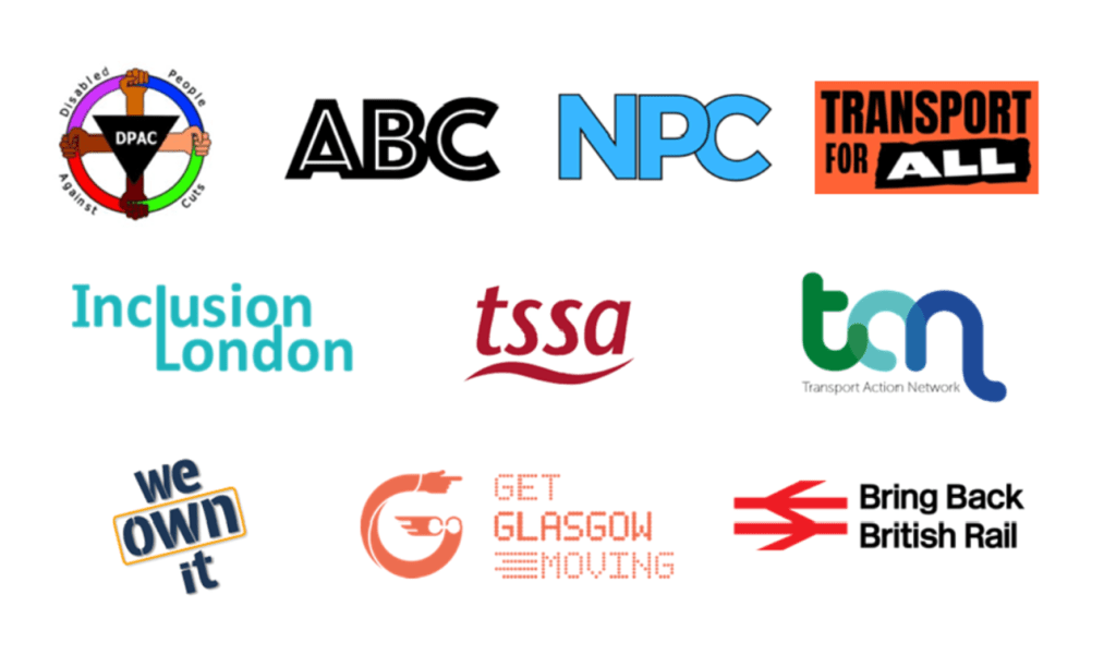 Campaign logos on a white background. Disabled People Against Cuts, Association of British Commuters, Transport for All, Inclusion London, TSSA union, Transport Action Network, We Own It, Get Glasgow Moving and Bring Back British Rail